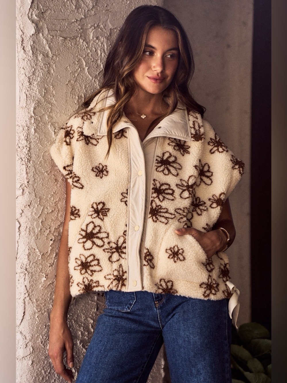 SO ME Flower Sherpa Fur Oversized Sleeveless Vest Jacket